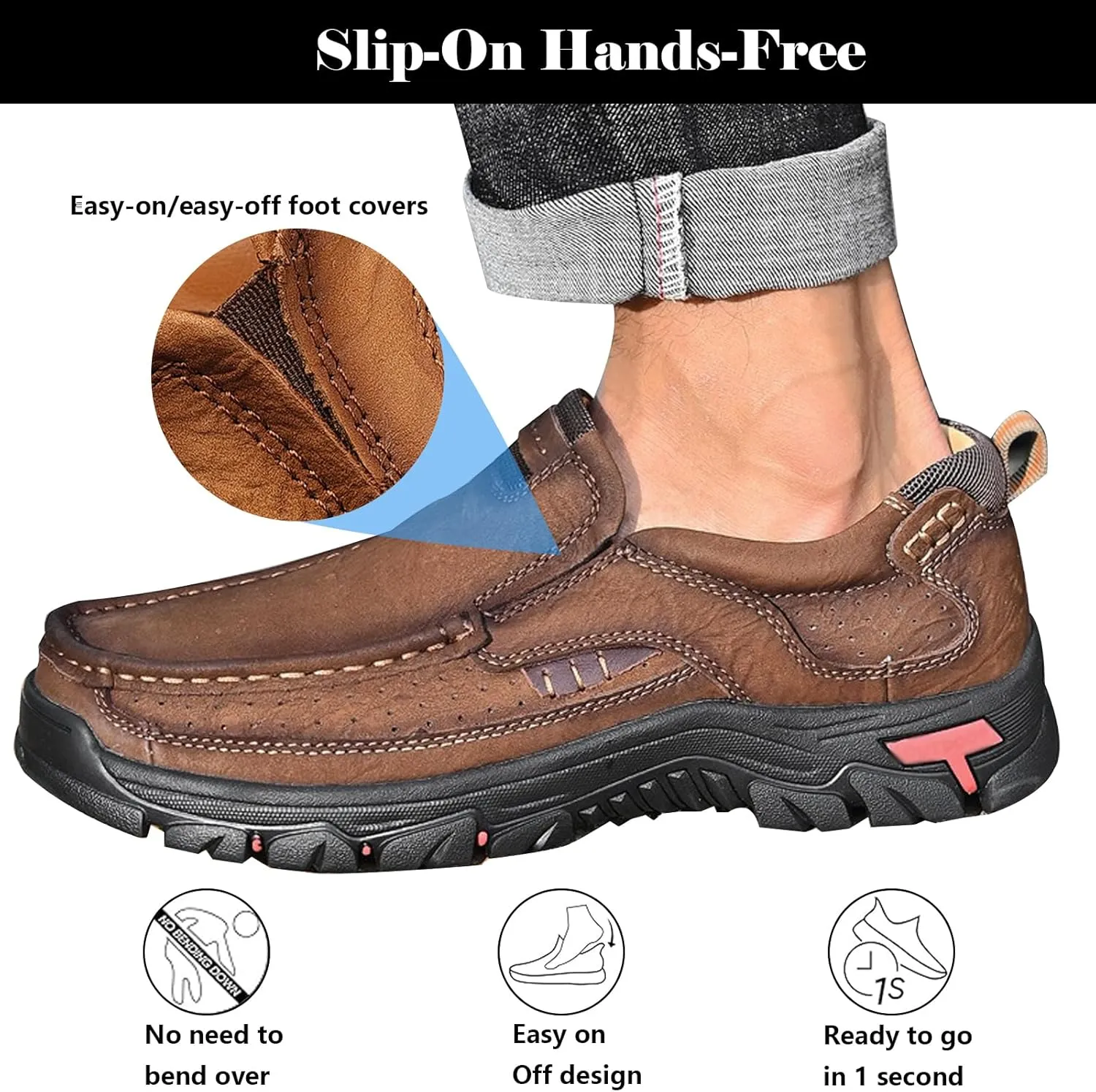 bumuam Mens Hiking Shoes Waterproof Lightweight Ankle Boots Mens Leather Slip-On Dress Loafers Walking Slippers for Men, Outdoor Trekking Camping Sneakers
