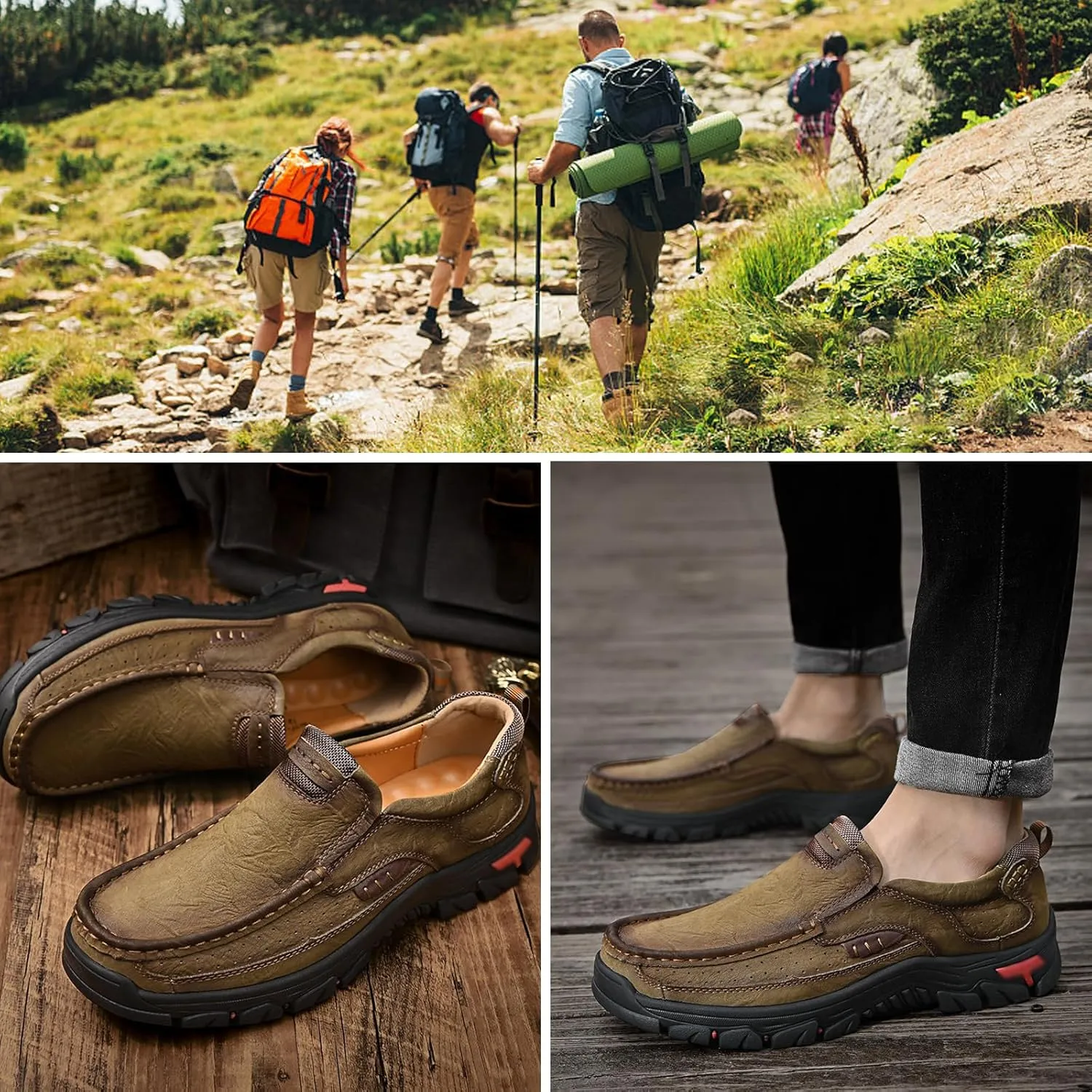 bumuam Mens Hiking Shoes Waterproof Lightweight Ankle Boots Mens Leather Slip-On Dress Loafers Walking Slippers for Men, Outdoor Trekking Camping Sneakers