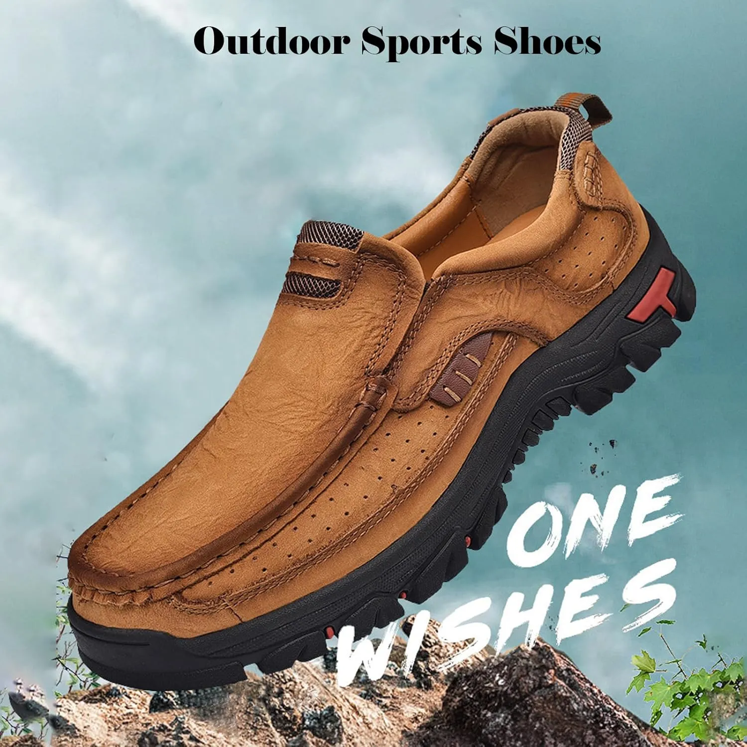 bumuam Mens Hiking Shoes Waterproof Lightweight Ankle Boots Mens Leather Slip-On Dress Loafers Walking Slippers for Men, Outdoor Trekking Camping Sneakers