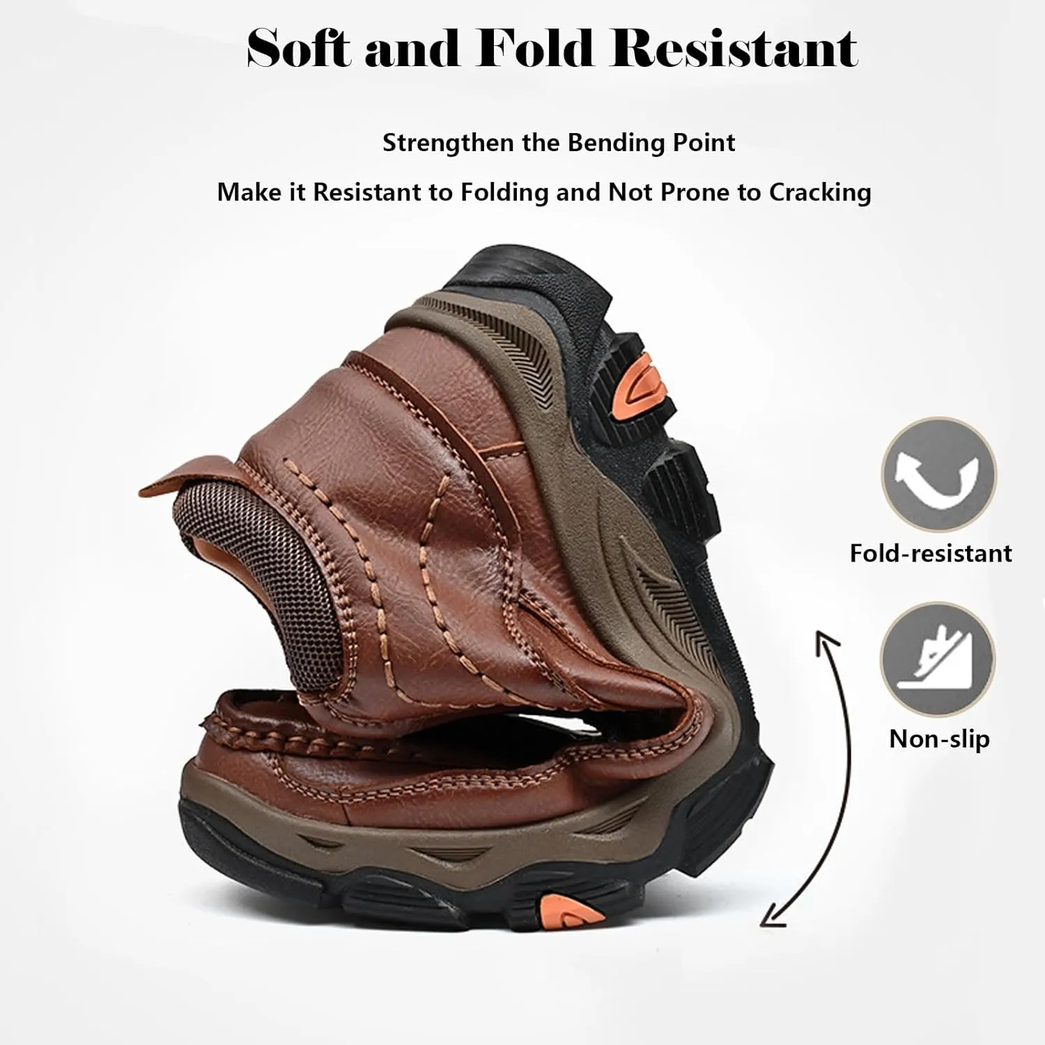 Men's Leather Hiking Shoes, Slip on Loafers Walking Boots, Waterproof Causal Sneakers, Work Walking Slippers, Easy Wear on/Off