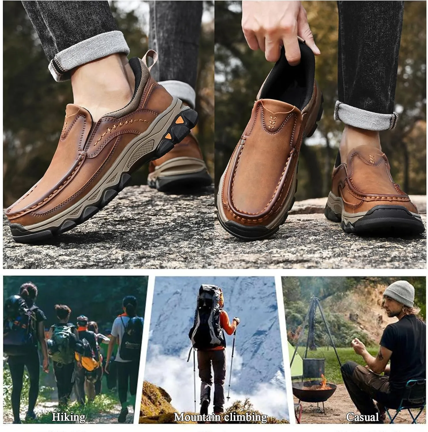 Men's Water-Resistant Leather Slip On Loafers Walking Shoes, Comfortable Breathable Business Dress Casual Driving for Outdoor Hiking