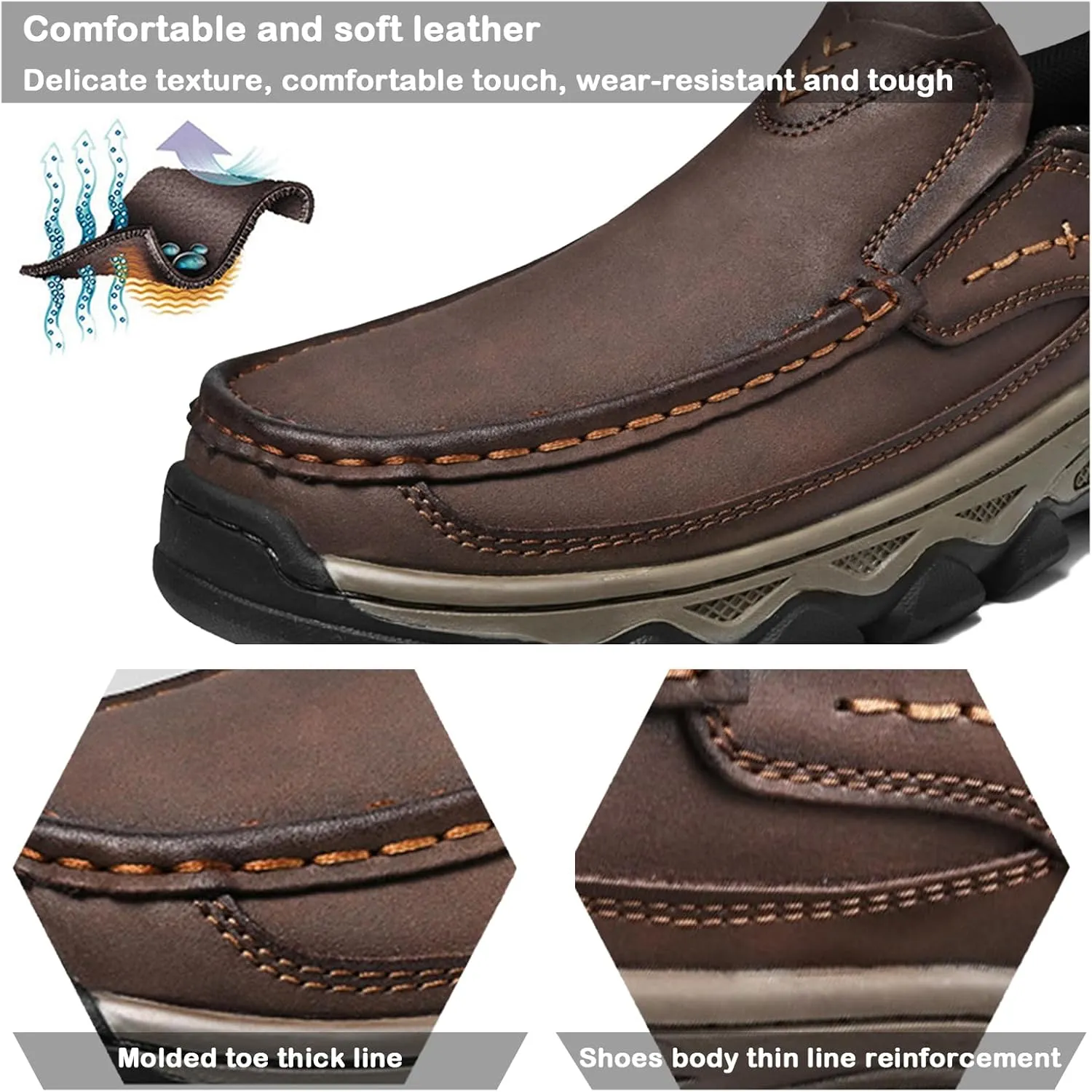 Men's Water-Resistant Leather Slip On Loafers Walking Shoes, Comfortable Breathable Business Dress Casual Driving for Outdoor Hiking